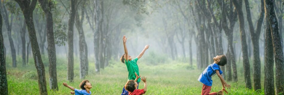 Young boys playing with the football and reach toward in the air. They are in the high green grassy wood trail.