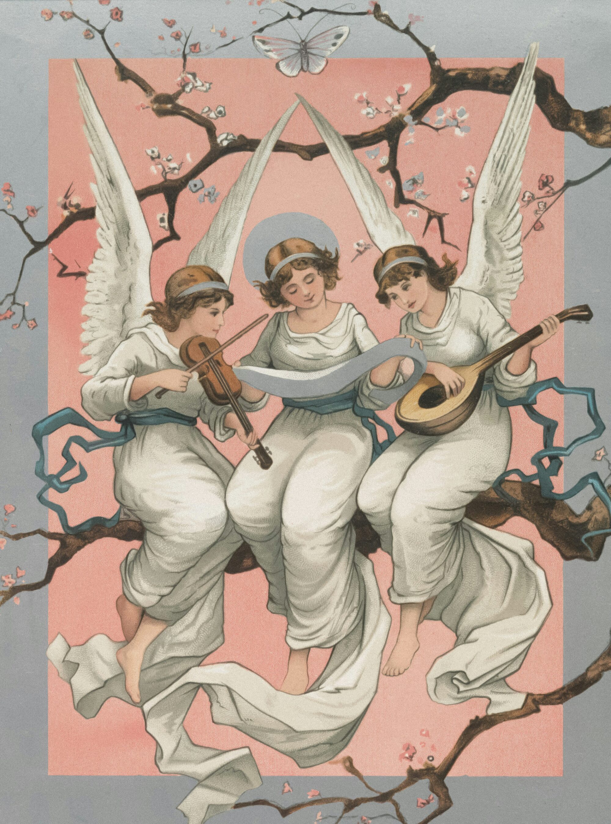 Three angels are creating music. Displaying angels' intelligence and wisdom.